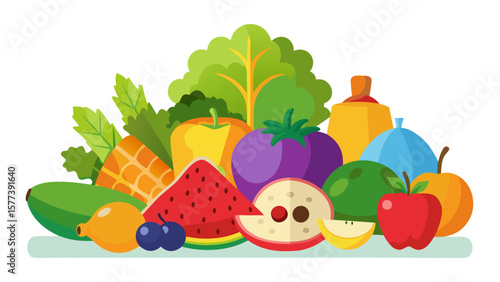 Vector art of a vibrant assortment of fresh fruits and vegetables creates a colorful and healthy still life