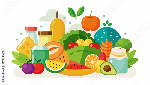 Vector art of a colorful and nutritious arrangement of fruits and vegetables creates a vibrant and healthy food scene