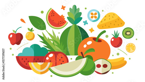 Vector art of a vibrant mix of fruits and vegetables creates a colorful and healthy food illustration