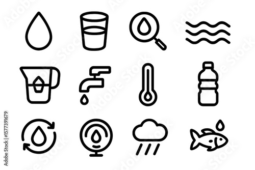Essential water icon set: minimalistic black outline symbols for hydration and weather