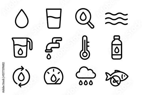 Water conservation icons: outline design for sustainability and climate awareness