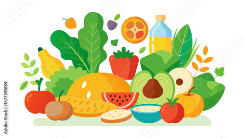 Vector art of a colorful and healthy mix of fruits and vegetables creates a vibrant and nutritious food illustration