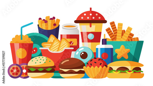 Vector art of a playful arrangement of cartoon fast food items including burgers, fries, and drinks isolated on white background