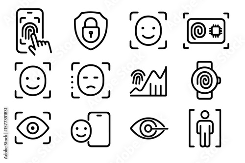 Biometric security icons: fingerprint, facial, eye recognition in linear style