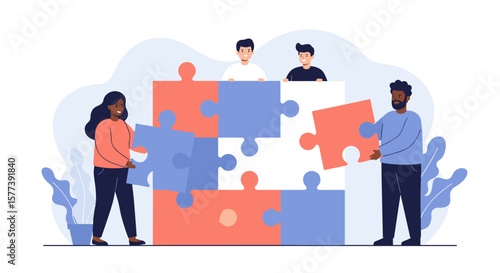 Teamwork collaboration concept with diverse people solving giant puzzle pieces