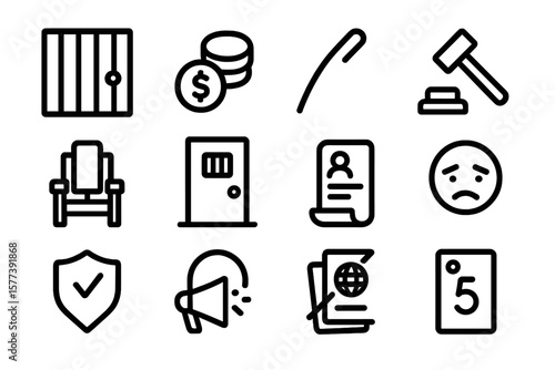 Simple outline icons of prison, law, and justice themes in minimalist design