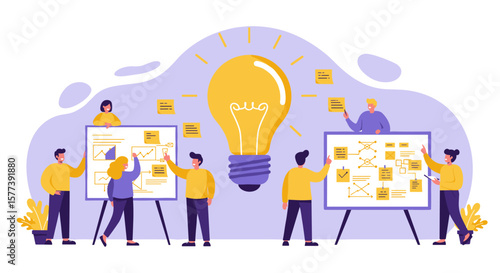 Innovative team collaboration with lightbulb concept for creative ideas and problem solving