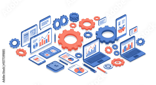 Isometric business analytics with laptops and charts in blue and red