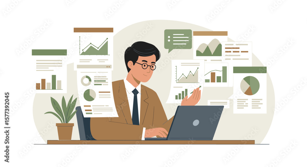 Fototapeta premium Business analyst in office analyzing data with charts and laptop in flat design