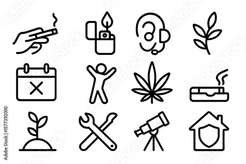 Simple black linear icons of everyday items and activities on dark background