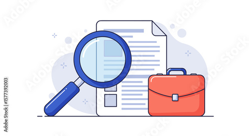 Document review and analysis with magnifying glass and briefcase icon
