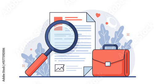 Flat design business document analysis with magnifying glass and briefcase
