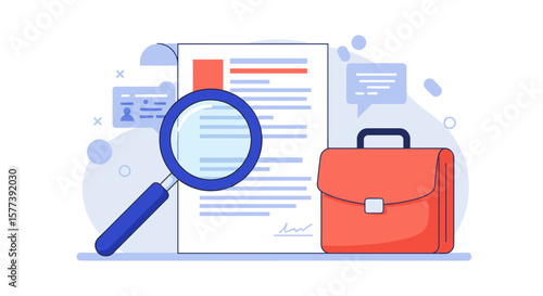Job search concept with magnifying glass and briefcase