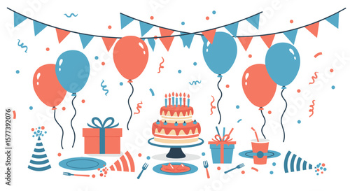 Festive birthday party celebration with cake, balloons, and gifts in flat design