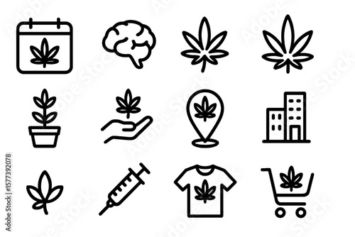 Cannabis icons set featuring linear black silhouettes on dark background