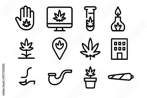 Minimal line icons of cannabis: digital, laboratory, and lifestyle themes