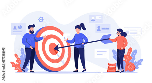 Team collaborating to achieve business goals with target and arrow concept