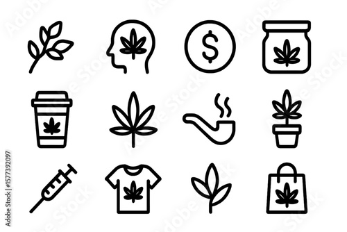 Minimal cannabis icons set featuring line style elements for modern use