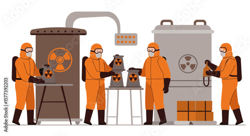 Industrial workers handling hazardous materials in protective gear