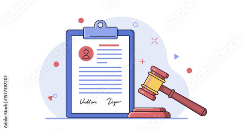 Legal document review with gavel and signature on clipboard