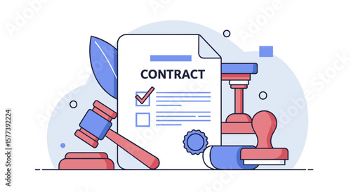 Contract agreement concept with gavel and stamps in flat style