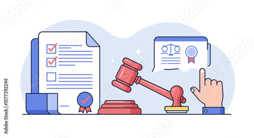 Legal processes concept with documents, gavel, and certification symbols in flat design