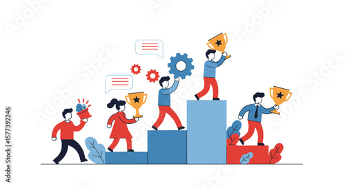 Business team reaching success with trophies and collaboration in modern design