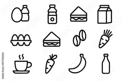 Linear icons of food and drinks on dark background featuring coffee and juice