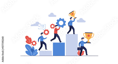 Teamwork and success: business people climbing bar chart with trophies and gears