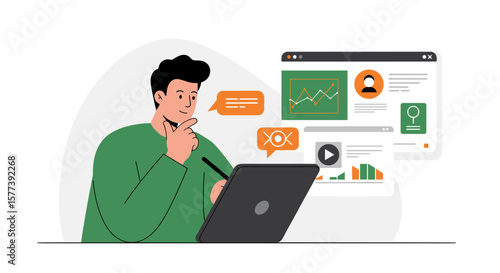 Modern digital analyst working on laptop with data visualization in a minimal style