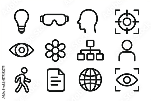 Minimalist linear icons: light bulb, eye, target, flower, and more on dark background