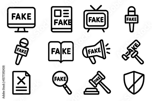 Media misinformation icons: flat design for fake news awareness