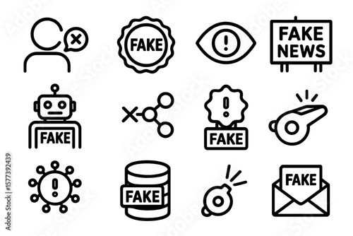 Fake news and misinformation icons: warning and awareness symbols in line art style