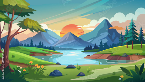 Vector art of a serene landscape featuring mountains, a river, and lush greenery under a vibrant sunset sky creates a peaceful and idyllic scene