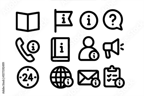 Information and communication icons in black and white silhouette style