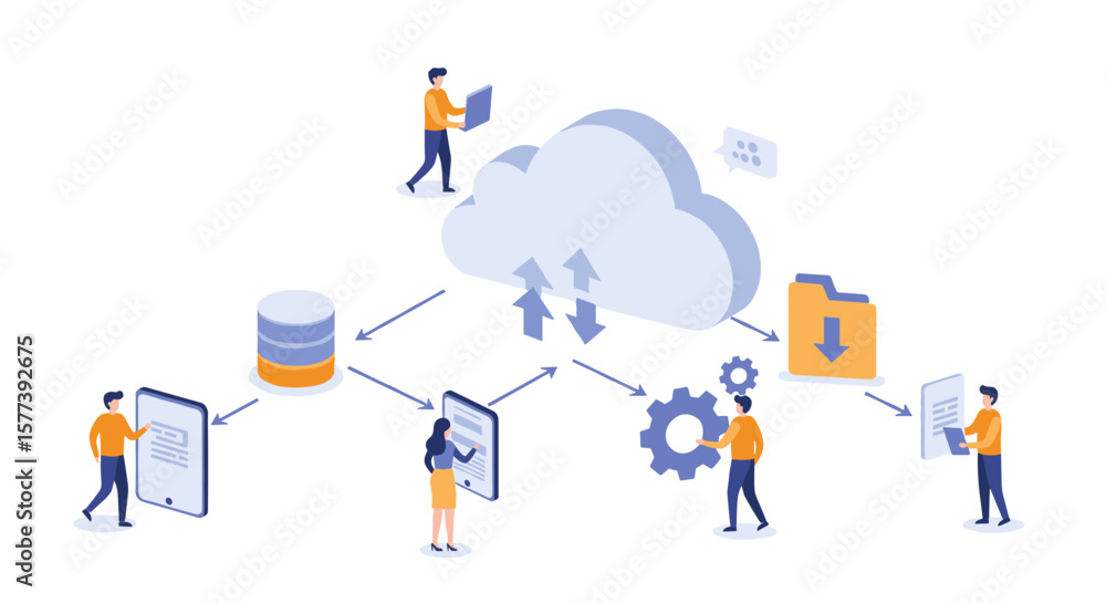 Isometric cloud computing concept with diverse people collaborating and data flow Isometric cloud computing concept with diverse people collaborating and data flow