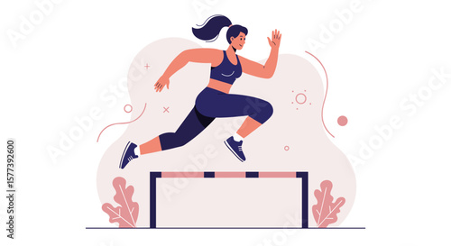 Energetic woman hurdling in athletic wear with abstract background
