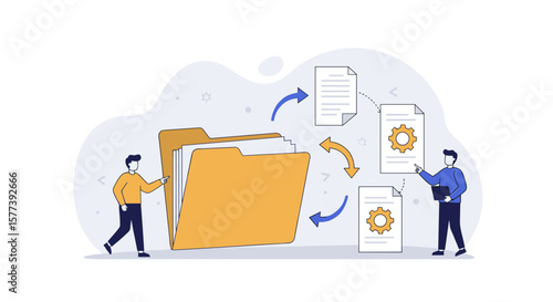 Document management concept: team organizing digital files with visualized workflow elements