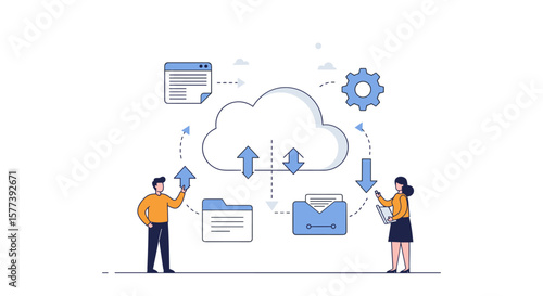 Cloud computing technology with people interacting in flat design