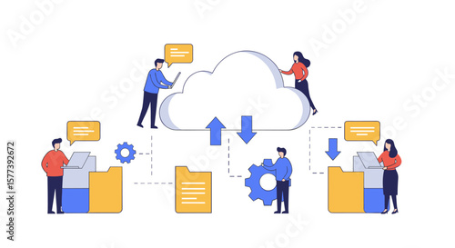 Cloud computing concept with team collaboration and file sharing