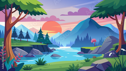 Vector art of a vibrant landscape showcases mountains, a river, and lush greenery under a colorful sunset sky, creating a tranquil and idyllic scene