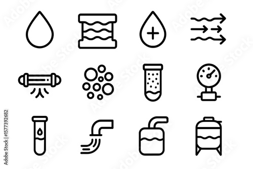 Water purification icons in minimalist design on dark background