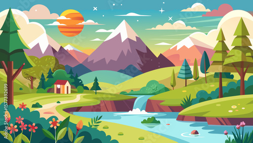 Vector art of a scenic landscape features mountains, a river, and lush greenery under a bright sky, creating a peaceful and idyllic cartoon scene