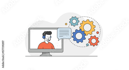 Customer support concept with tech gears and cartoon character for online services