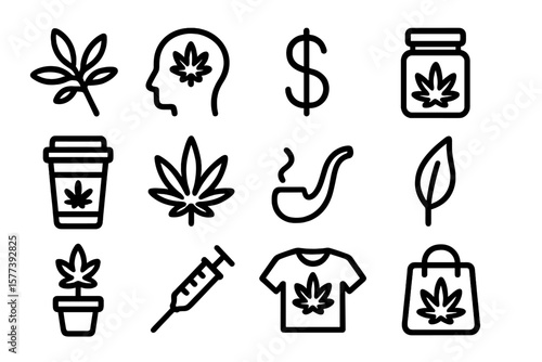 Black outline cannabis icons collection featuring leaves, products, and symbols