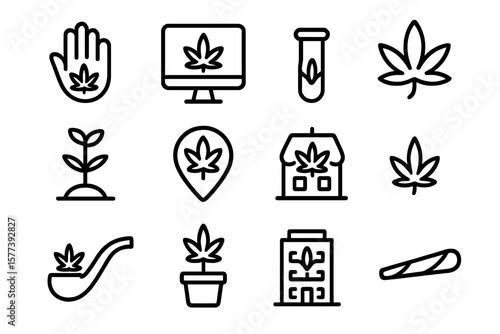 Cannabis icons collection featuring minimalist marijuana symbols for digital use