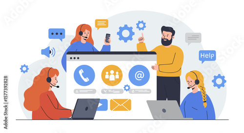 Customer support team collaboration in modern flat design
