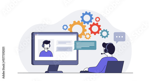 Online customer support representative working with headset and computer in modern office