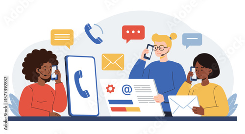 Diverse team engaged in communication activities with phones and laptops