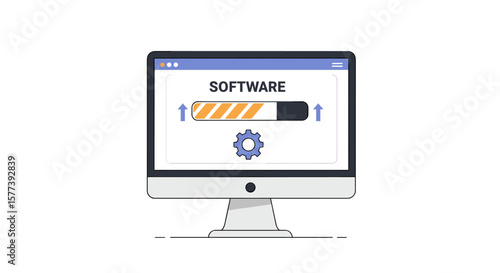 Software update concept with progress bar on computer screen in flat design